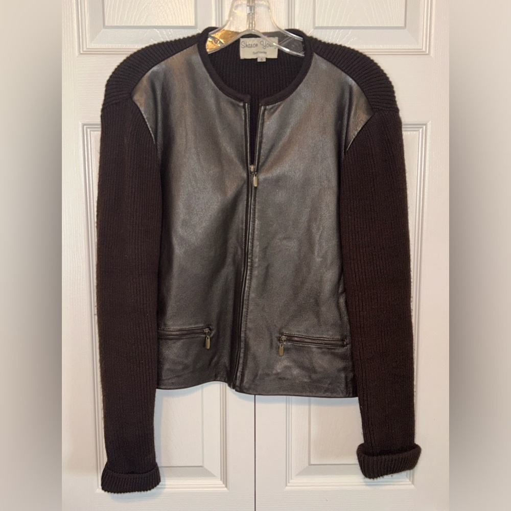 Sharon Young Leather Sweater Jacket Women’s Size Small Brown Vintage